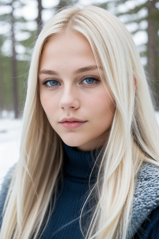 photo of a Nordic platinum blonde from Norway facial expression), textured skin, blonde straight long hair, perfect dark blue eyes, girl in the snow forest of Norway, face looking straight into the lens, plump lips