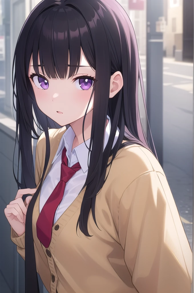 ((masterpiece)),(best quality),official art,extremely delicate and beautiful,extremely detailed CG,unity 8k wallpaper,ultra detailed,beautiful detailed eyes,extremely detailed face,outdoors,1girl,solo,upper body,(portrait:1.5),looking at viewer,facing viewer,anxious,long hair,black hair,sidelocks,blunt bangs,purple eyes,,yellow cardigan,red necktie,white shirt,collared shirt,long sleeves,medium breasts,miniskirt,pleated skirt,black skirt,zettai ryouiki,black thighhighs,loafers,