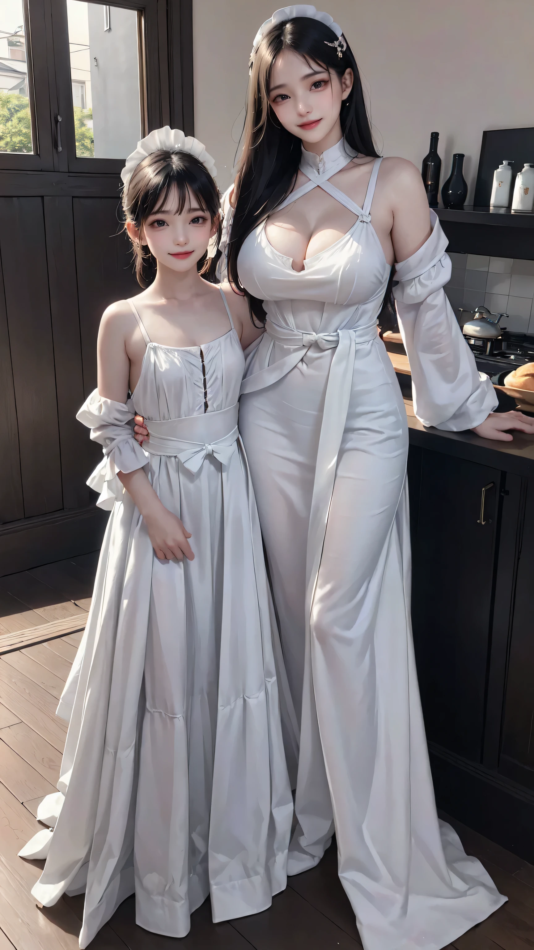 see through clothes(Full body female love:1.3),best quality, masterpiece, ultra high resolution, (lifelike:1.4), original photo, 1 female,30 years old, black hair, big eyes, Detailed eyes and face,huge breasts,split,long legs,Belted robe open ,bare shoulder,no underwear:1.5,see through clothes,Hollow material white clothes,kitchen:1.3,Smile、sleeveless costume、((Maid clothes))、((She is carrying her daughter))、Extremely revealing clothing