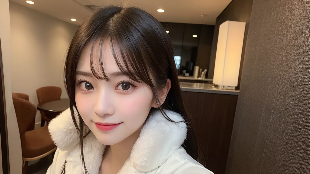 Tabletop, Highest quality, shape, Very detailed, finely, High resolution, 8k wallpaper, 完璧なダイナミックな構shape, Beautiful and detailed, Elegant and gorgeous winter dress,Straight hair,,Natural color lip,smile,20-year-old girl、cute、Looking at the camera is ,Always blur the background,Perfect and beautiful face,Take a picture of only the face,Beautiful and elaborate face、Slim face and figure、Big eyes、Elegant face、Beautiful and elaborate face、KPOP idol faces、Japanese idol faces、Big eyes、 A venue on the top floor of a high-rise hotel、Blur the background、Take a full body photo