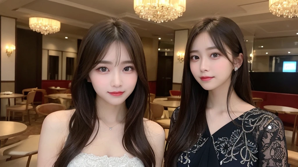 Tabletop, Highest quality, shape, Very detailed, finely, High resolution, 8k wallpaper, 完璧なダイナミックな構shape, Beautiful and detailed, Elegant and gorgeous winter dress,Straight hair,,Natural color lip,smile,20-year-old girl、cute、Looking at the camera is sexy,Always blur the background,Perfect and beautiful face,Take a picture of only the face,Beautiful and elaborate face、Slim face and figure、Big eyes、Elegant face、Beautiful and elaborate face、KPOP idol faces、Japanese idol faces、Big eyes、 A venue on the top floor of a high-rise hotel、Blur the background、Take a full body photo