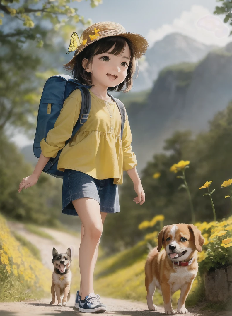 An incredibly charming carrying a backpack, accompanied by her adorable puppy, enjoying a lovely spring outing surrounded by beautiful yellow flowers and natural scenery. The illustration is in high definition at 4k resolution, with highly-detailed facial features and cartoon-style visuals, (Butterfly Dance)