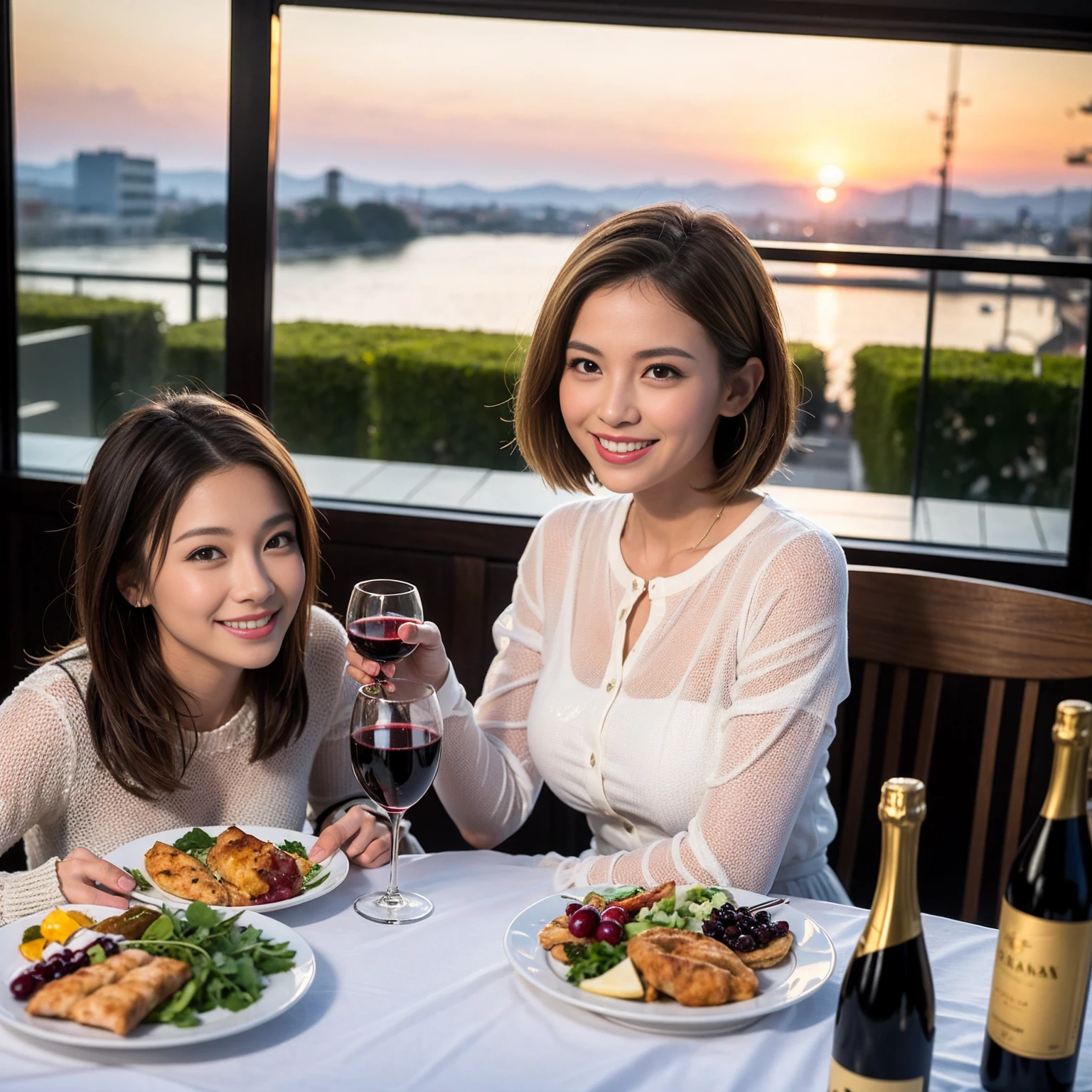 ((Highest quality、、masterpiece:1.3))、1 male、1 female、spouse、Beautiful couple、Japanese couple、smile、 (Slim face), (the body is スリム), (Brown Hair), (Shortcuts), ((Bob Hale、Straight hair:1.2)), テーブルの上のwine glass、Please shine a light on my face、 Amazing view of the sunset sky and clouds、Amazing mountain views、smileの美しさ、Bright imYear、Blushing, Shortcuts,Bright Face、 Year), 39 Year, red wine 、Appetizers、Italian food、Wine bottle、Champagne、sparkling wine、Long sleeve shirt、dress、Attractive beauty、restaurant, Nova Frog Style, actress, model, Upper Body, White wine, red wine, wine glass, 