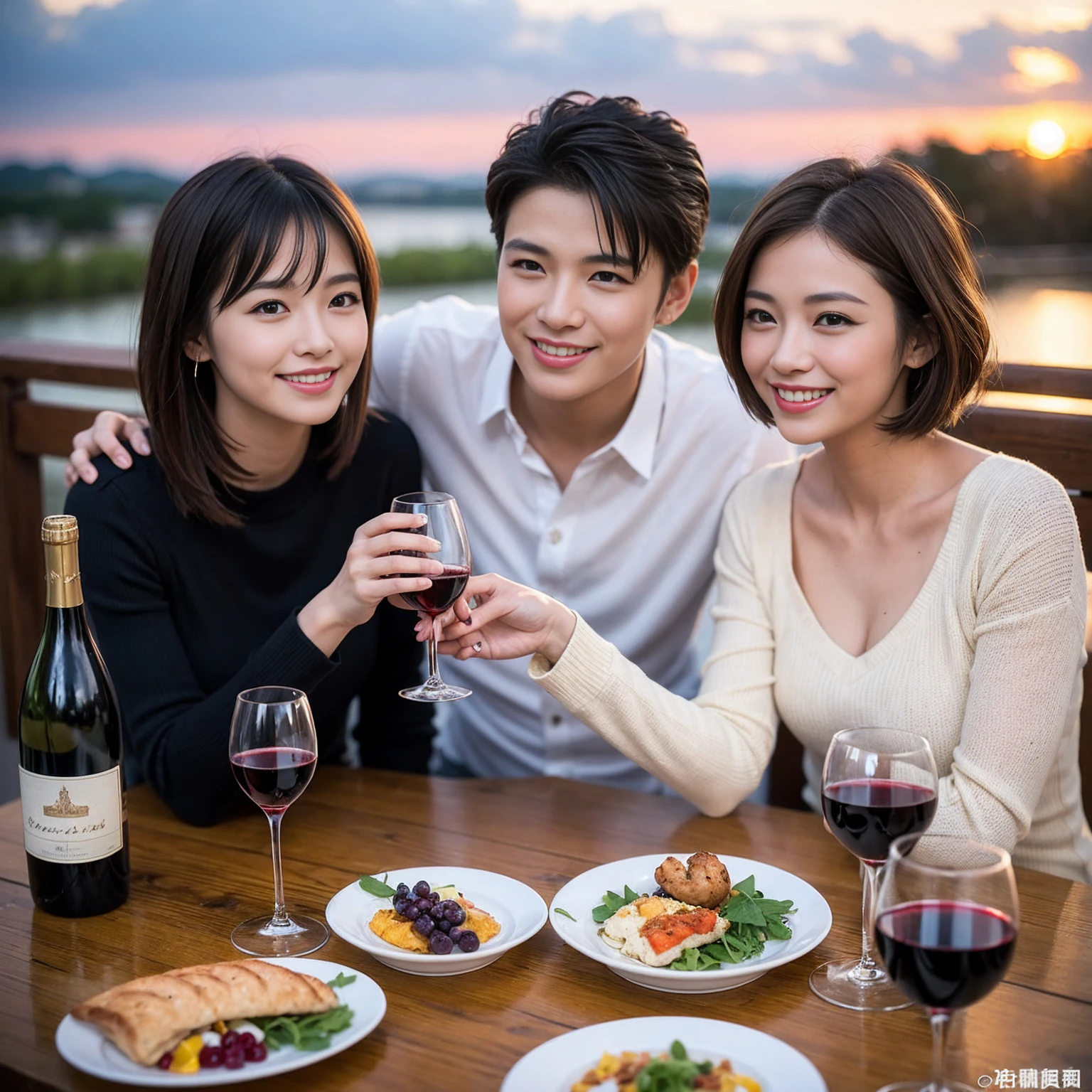 ((Highest quality、、masterpiece:1.3))、1 male、1 female、42 years old 44 years old、Slim Beauty、Beautiful couple、smile、(Shortcuts), テーブルのフルコースディナーとwine glass、Amazing view of the sunset sky and clouds、smileの美しさ、Wine bottle、sparkling wine、Long sleeve shirt、dress、White wine, red wine, wine glass, 