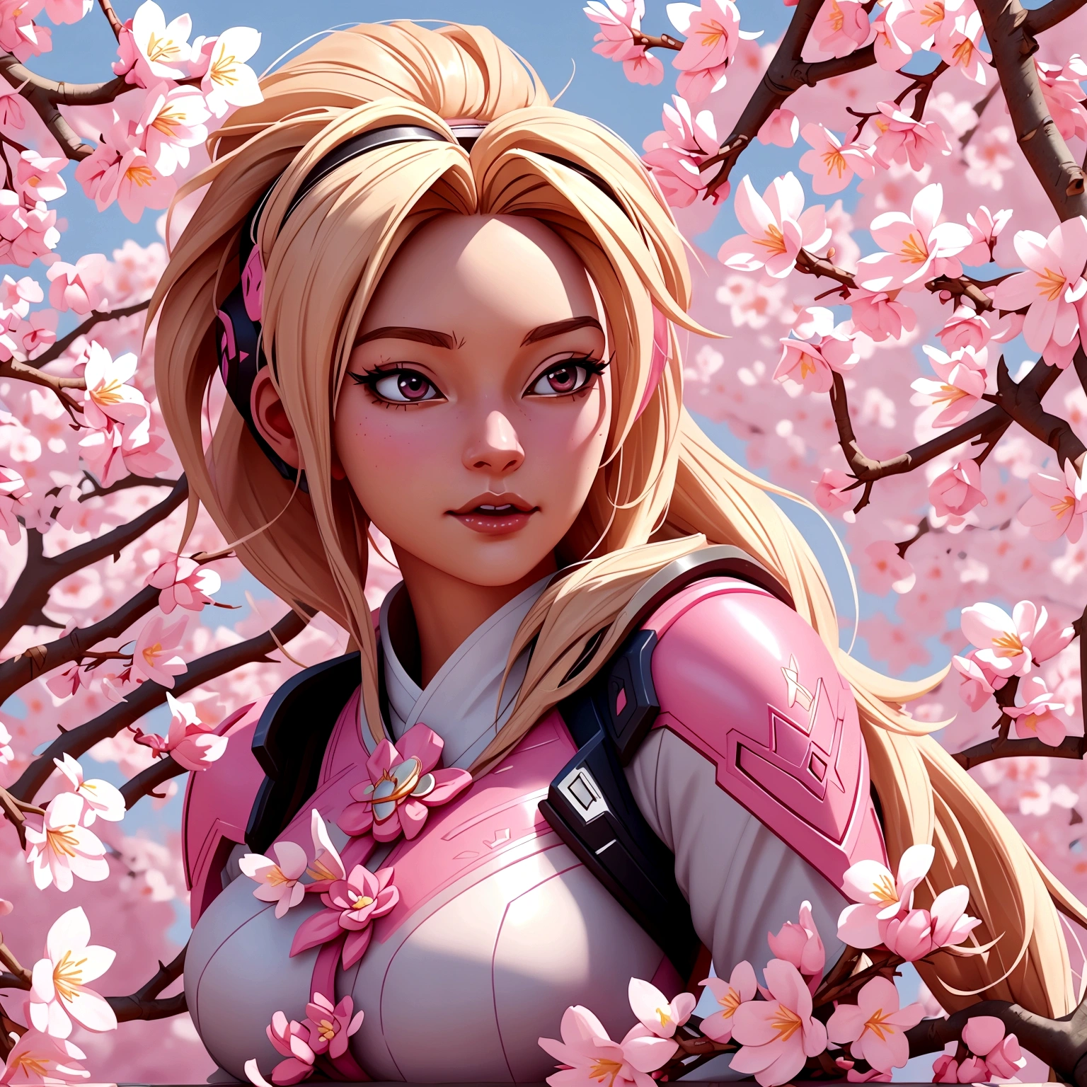 Pink mercy from overwatch surrounded by cherry blossoms
