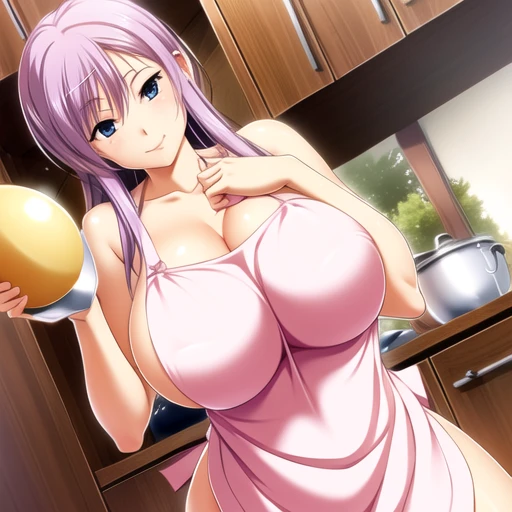 cooking,naked apron,gigantic breast,smile,showing face