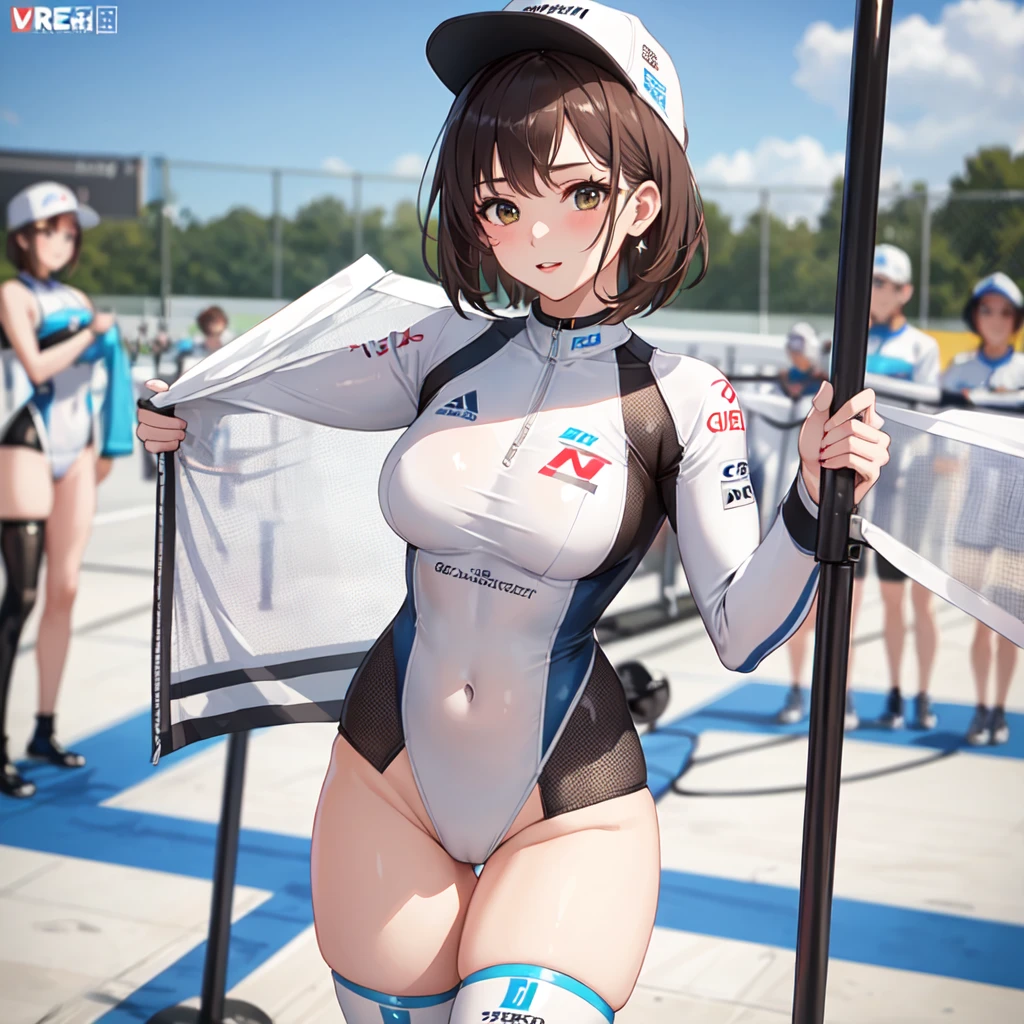 (masterpiece, best quality: 1.2), pretty girl, 18 yo, (white, race queen), (fight-fitting grid girl outfit with sponsor's logo printed:1.3), tight-fitting high leg leotard, long-sleeve latex leotard, medium breasts, cowboy shot, looking at viewer,
short hair,