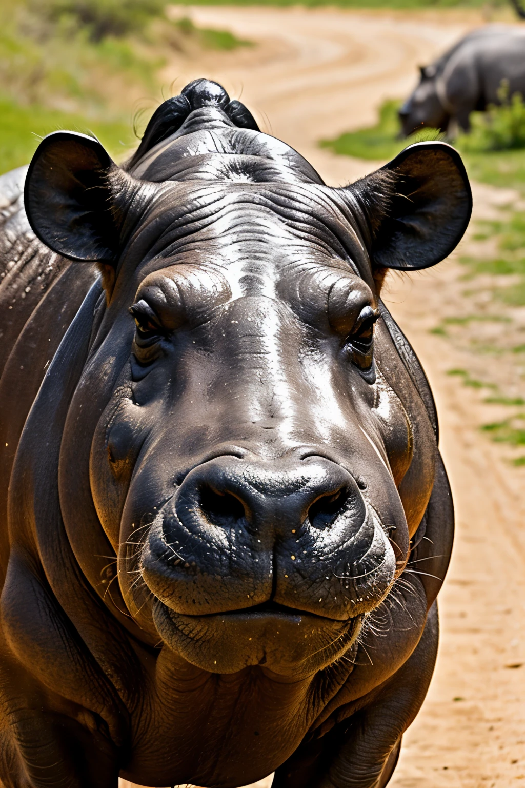 make an NPC image of a hippopotamus opening its snout , como para una portada