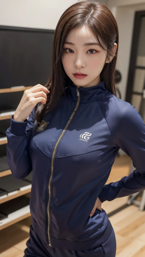 Highly detailed CG Unity 8K wallpapers，top Quority，Super detailed，tmasterpiece，realisticlying，photograph realistic，Very detailed cute girl，25 age old，musculature，Microabs，Round eyes，peeping at the viewer，Be red in the face，parted lip，Half-body shooting，
track suit ， gym room，