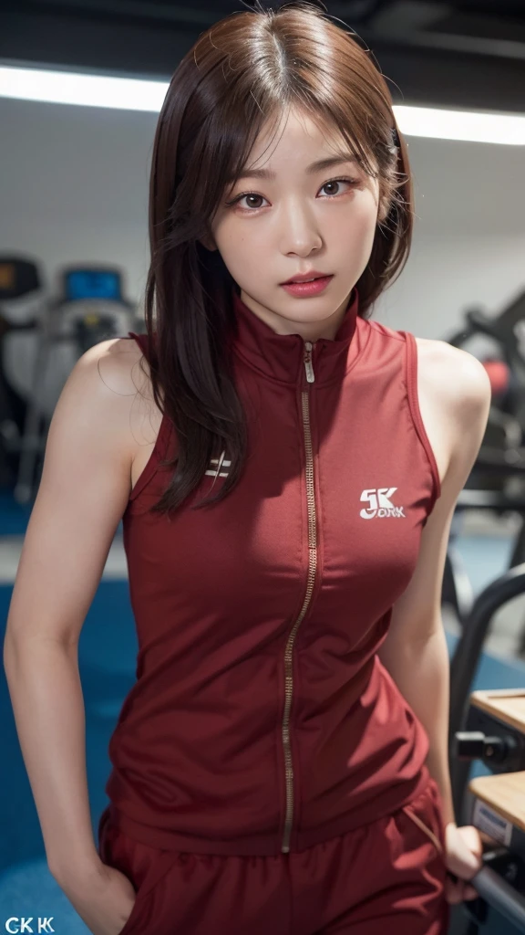 Highly detailed CG Unity 8K wallpapers,top Quority,Super detailed,tmasterpiece,realisticlying,photograph realistic,Very detailed cute girl,25 age old,musculature,Microabs,Round eyes,peeping at the viewer,Be red in the face,parted lip,Half-body shooting,
track suit , gym room,