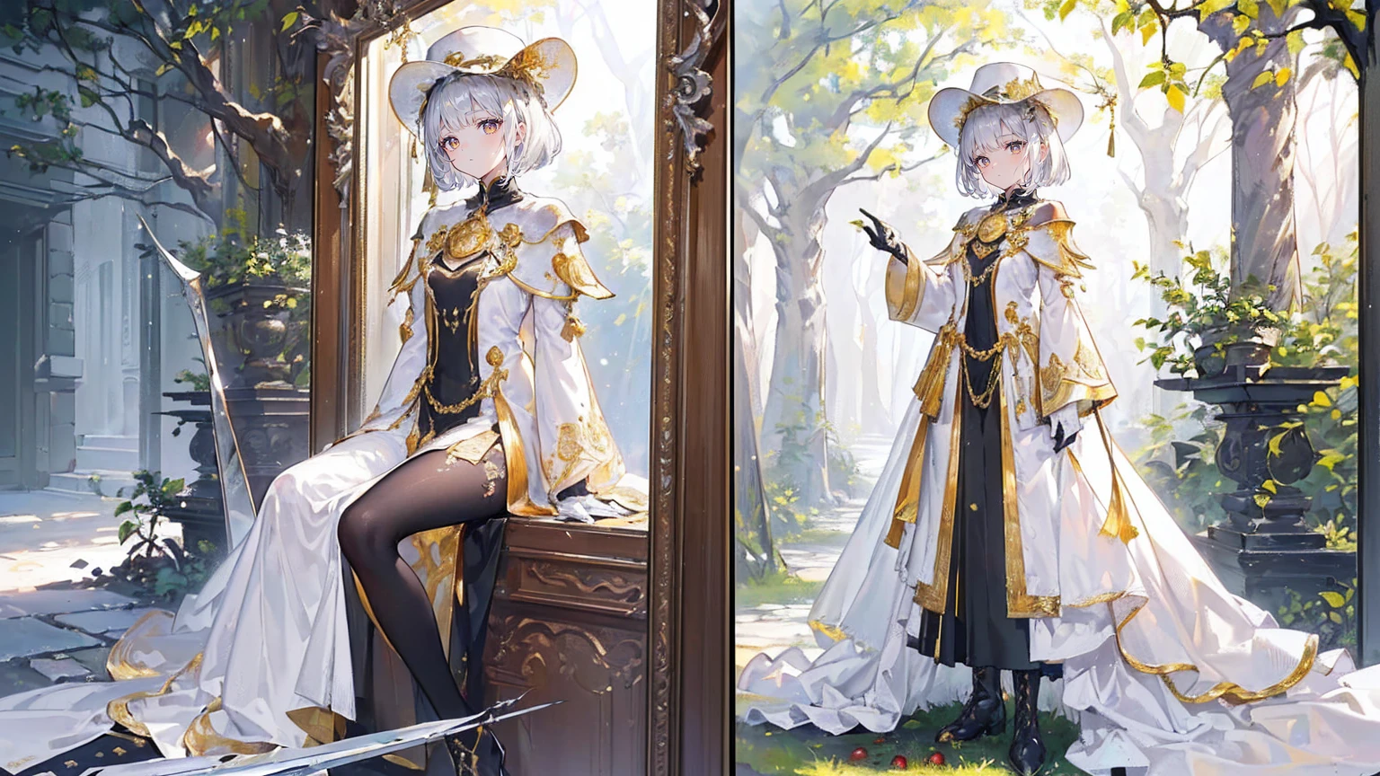 (Super detailed)),((illustration)),((masterpiece)),(((need))),((fine、Highest quality CG Unity 8K wallpapers,masterpiece),((4k,masterpiece,best quality)),Girl with short silver hair,hair strand,expressive hair,Golden pupils,flat chest,Silver sun hat,White gloves,Wearing a white coat,Black and gold western dress,Black and gold boots,A large tree with many branches,Branches laden with fruit,Look in the mirror,Touch the mirror with your hand,The different self in the mirror is sitting on the ground resting,The spear behind him pierced a monster,In the weird woods,Full body picture