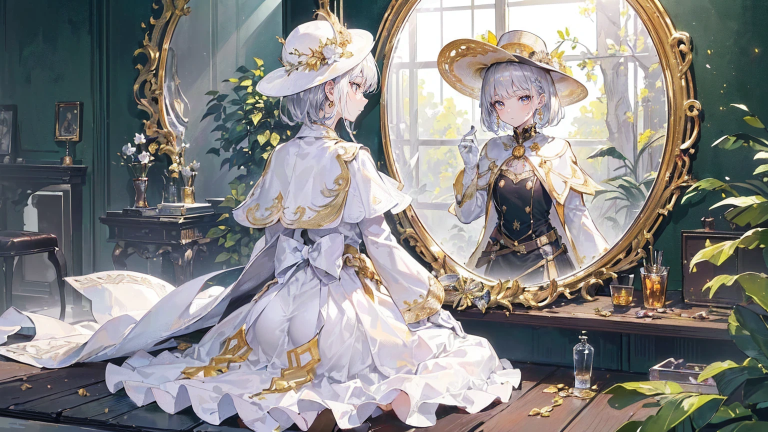 (Super detailed)),((illustration))，((masterpiece)),(((need))),((fine、Highest quality CG Unity 8K wallpapers，masterpiece），（（4k，masterpiece，best quality）），Girl with short silver hair，hair strand，expressive hair，Golden pupils，flat chest，Silver sun hat，White gloves，Wearing a white coat，Black and gold western dress，Black and gold boots，A large tree with many branches，Branches laden with fruit，Look in the mirror，Touch the mirror with your hand，The different self in the mirror is sitting on the ground resting，The spear behind him pierced a monster，In the weird woods，Full body picture