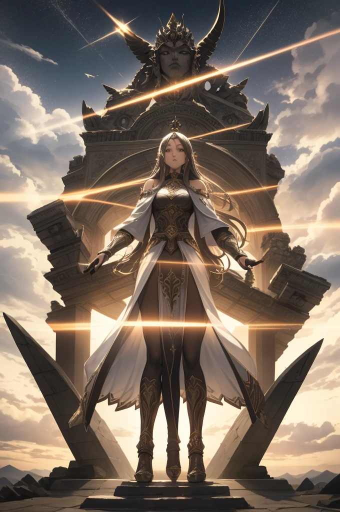 Full body shot of a fearless paladin with unparalleled beauty, featuring long, dark hair and striking blue eyes. She wears intricately designed draconic armor that glimmers with a mystical aura. Her armor is adorned with dragon scales and ornate patterns, giving it both an imposing and elegant appearance. In her hand, she wields a magnificent sword, the blade shimmering with a divine light, etched with runes of power. She stands in a majestic, celestial landscape, with radiant light filtering through the clouds, casting a holy glow upon her. The ground beneath her is a mix of ancient stones and sacred symbols, glowing softly as if infused with holy energy. Surrounding her are ethereal figures in shades of gold and white, their presence adding to the divine ambiance. The background features towering, ancient ruins and magnificent, skyward-reaching structures, hinting at a grand, heavenly stronghold. The scene is inspiring and powerful, with her face showing a serene yet determined expression, her eyes locked onto her noble mission. [Best quality], [Masterpiece], [Ultra-detailed], [4k], {inspiring|majestic} atmosphere, celestial landscape, {dynamic pose|noble stance}, radiant illumination, {soft shadows|divine lighting}, {glowing ancient stones:0.7}, {ethereal figures:0.6}, {heavenly architecture:0.5}, {towering ruins:0.4}, {skyward-reaching structures:0.3}.
