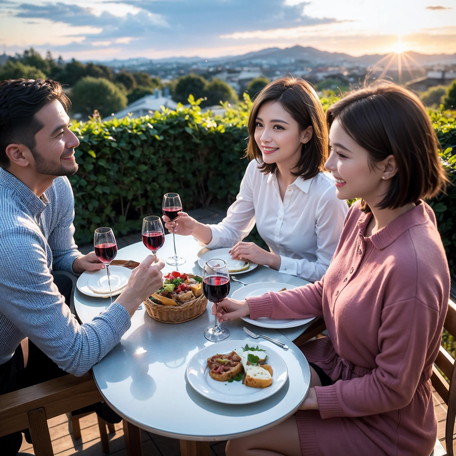((Highest quality、8k、masterpiece:1.3))、 (Genuineistic, Genuine、Bright image、Intricate details:1.2), Best smile 1 man 1 woman、Beautiful Couple、Lovers、Relatives and friends、actress couple、couple、Model Couple、Smile、A full-course dinner with a full table、テーブルにwine glass、 (Slim face), (The body is slim), (Brown Hair), (short hair), Please shine a light on my face、 Amazing view of the sunset sky and clouds、 (age 34), 38 years old, red wine 、Appetizers、Wine bottle、sparkling wine、Long sleeve shirt、dress、White wine, red wine, wine glass,