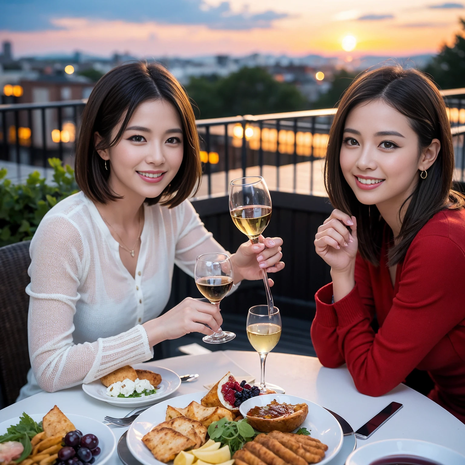 ((Highest quality、8k、masterpiece:1.3))、 (Genuineistic, Genuine、Bright image、Intricate details:1.2), Best smile 1 man 1 woman、Beautiful Couple、Lovers、Relatives and friends、actress couple、couple、Model Couple、Smile、A full-course dinner with a full table、テーブルにwine glass、 (Slim face), (The body is slim), (Brown Hair), (short hair), Please shine a light on my face、 Amazing view of the sunset sky and clouds、 (age 34), 38 years old, red wine 、Appetizers、Wine bottle、sparkling wine、Long sleeve shirt、dress、White wine, red wine, wine glass, 