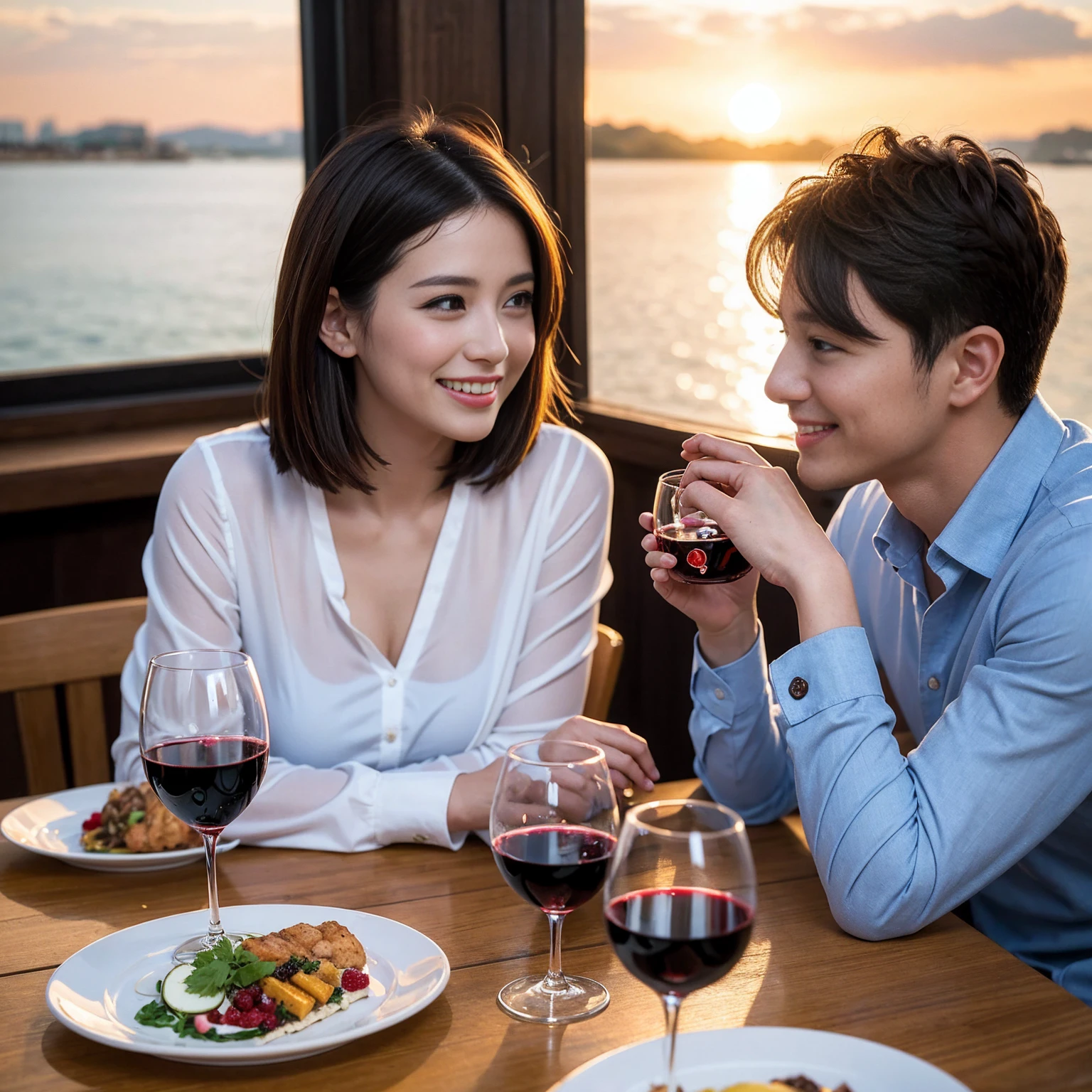 ((Highest quality、8k、masterpiece:1.3))、 (Genuineistic, Genuine、Bright image、Intricate details:1.2), Best smile 1 man 1 woman、Beautiful Couple、Lovers、Relatives and friends、actress couple、couple、Model Couple、Smile、A full-course dinner with a full table、テーブルにwine glass、 (Slim face), (The body is slim), (Brown Hair), (short hair), Please shine a light on my face、 Amazing view of the sunset sky and clouds、 (age 34), 38 years old, red wine 、Appetizers、Wine bottle、sparkling wine、Long sleeve shirt、dress、White wine, red wine, wine glass,