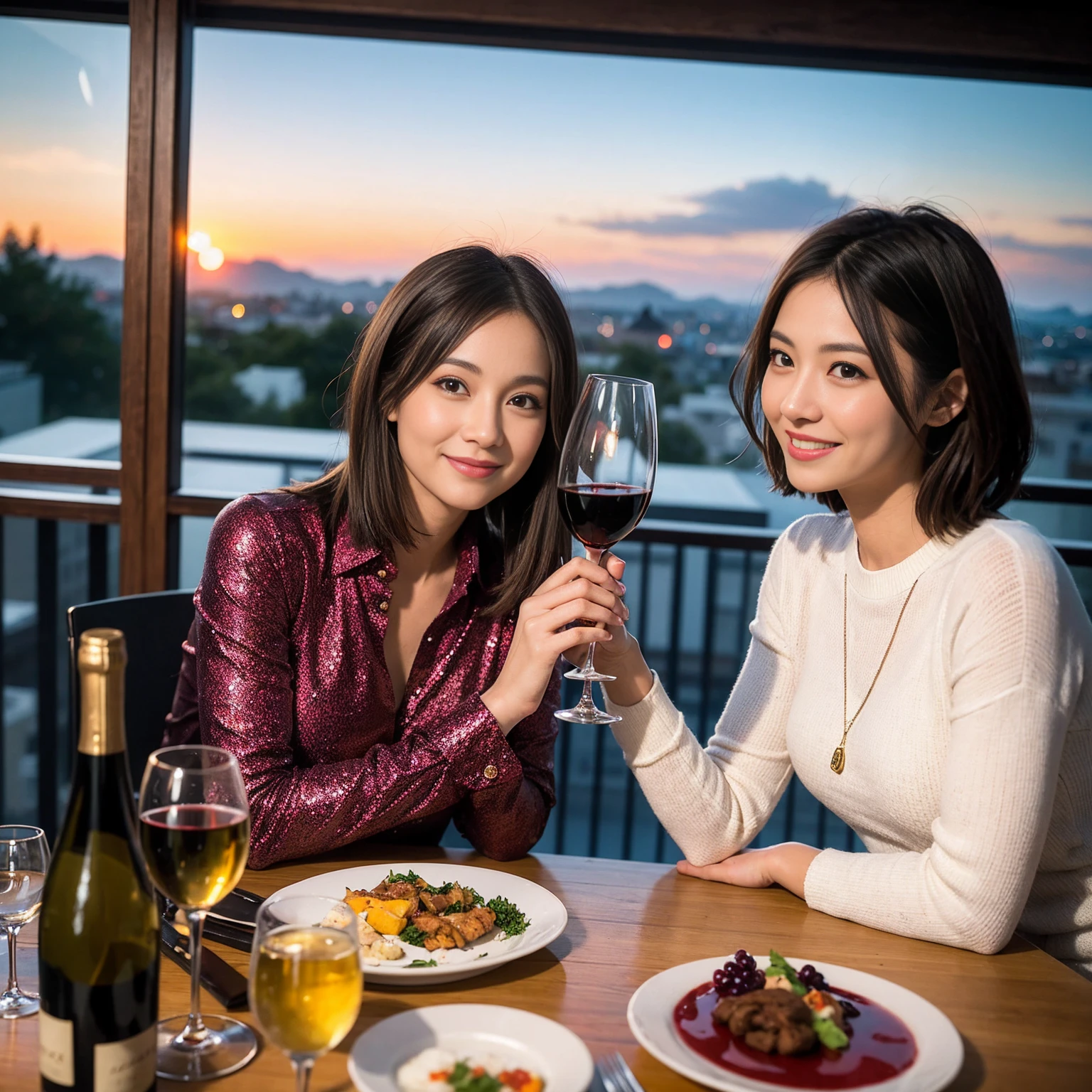 ((Highest quality、8k、masterpiece:1.3))、 (Genuineistic, Genuine、Bright image、Intricate details:1.2), Best smile 1 man 1 woman、Beautiful Couple、Lovers、Relatives and friends、actress couple、couple、Model Couple、Smile、A full-course dinner with a full table、テーブルにwine glass、 (Slim face), (The body is slim), (Brown Hair), (short hair), Please shine a light on my face、 Amazing view of the sunset sky and clouds、 (age 34), 38 years old, red wine 、Appetizers、Wine bottle、sparkling wine、Long sleeve shirt、dress、White wine, red wine, wine glass,
