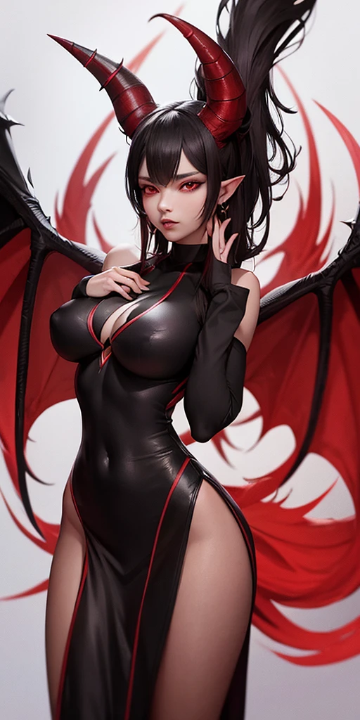 A black and red dragon girl with long, slender ears, two horns on her head, spreading her wings, looking formidable and fierce.