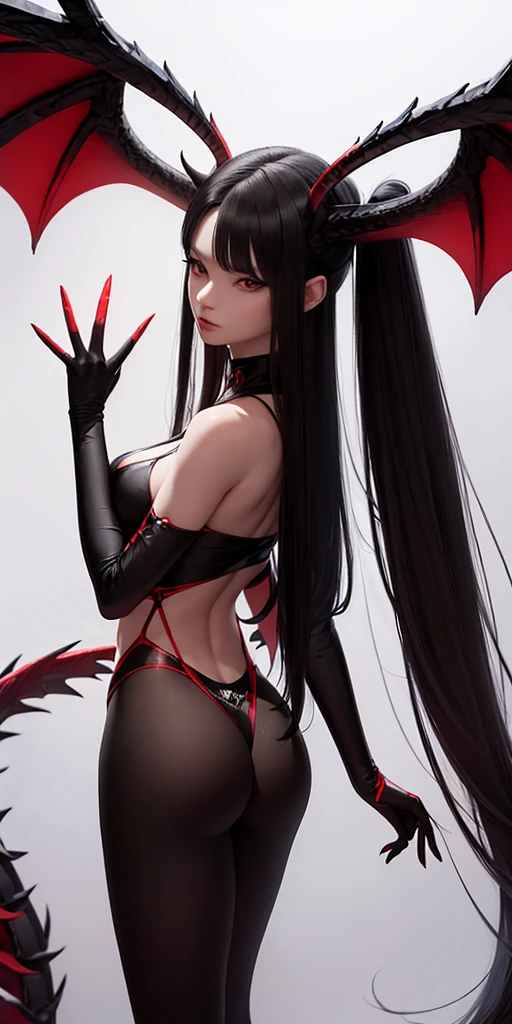 A black and red dragon girl with long, slender ears, two horns on her head, spreading her wings, looking formidable and fierce.
