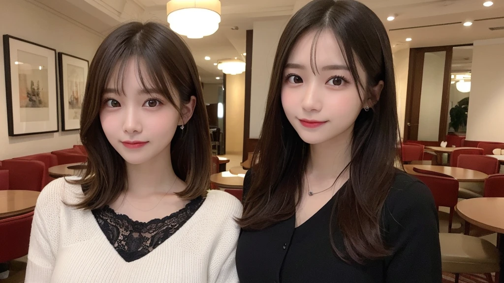 Tabletop, Highest quality, shape, Very detailed, finely, High resolution, 8k wallpaper, 完璧なダイナミックな構shape, Beautiful and detailed, Elegant and gorgeous winter dress,Straight hair,,Natural color lip,smile,20-year-old girl、cute、Looking at the camera is sexy,Always blur the background,Perfect and beautiful face,Take a picture of only the face,Beautiful and elaborate face、Slim face and figure、Big eyes、Elegant face、Beautiful and elaborate face、KPOP idol faces、Japanese idol faces、Big eyes、 A venue on the top floor of a high-rise hotel、Blur the background、Take a full body photo、Big breasts、Big Breasts、Big breasts