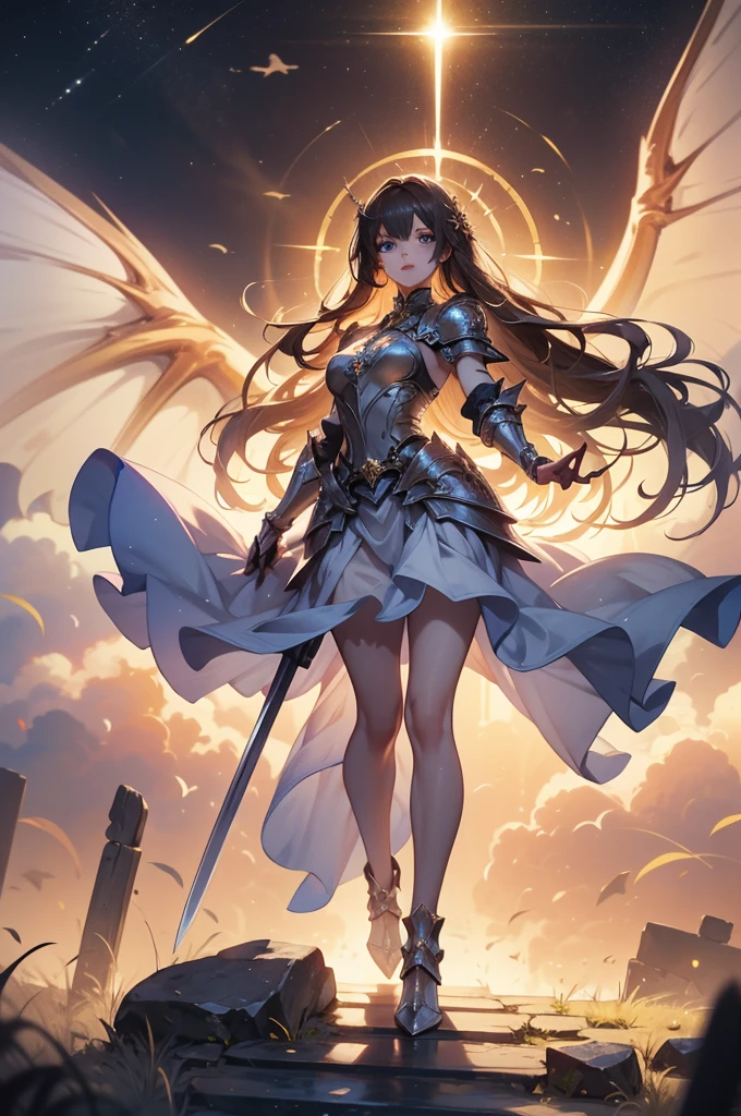 Full body shot of a fearless paladin with unparalleled beauty, featuring long, dark hair and striking blue eyes. She wears intricately designed draconic armor that glimmers with a mystical aura. Her armor is adorned with dragon scales and ornate patterns, giving it both an imposing and elegant appearance. In her hand, she wields a magnificent sword, the blade shimmering with a divine light, etched with runes of power. She stands in a majestic, celestial landscape, with radiant light filtering through the clouds, casting a holy glow upon her. The ground beneath her is a mix of ancient stones and sacred symbols, glowing softly as if infused with holy energy. Surrounding her are ethereal figures in shades of gold and white, their presence adding to the divine ambiance. The background features towering, ancient ruins and magnificent, skyward-reaching structures, hinting at a grand, heavenly stronghold. The scene is inspiring and powerful, with her face showing a serene yet determined expression, her eyes locked onto her noble mission. [Best quality], [Masterpiece], [Ultra-detailed], [4k], {inspiring|majestic} atmosphere, celestial landscape, {dynamic pose|noble stance}, radiant illumination, {soft shadows|divine lighting}, {glowing ancient stones:0.7}, {ethereal figures:0.6}, {heavenly architecture:0.5}, {towering ruins:0.4}, {skyward-reaching structures:0.3}.

