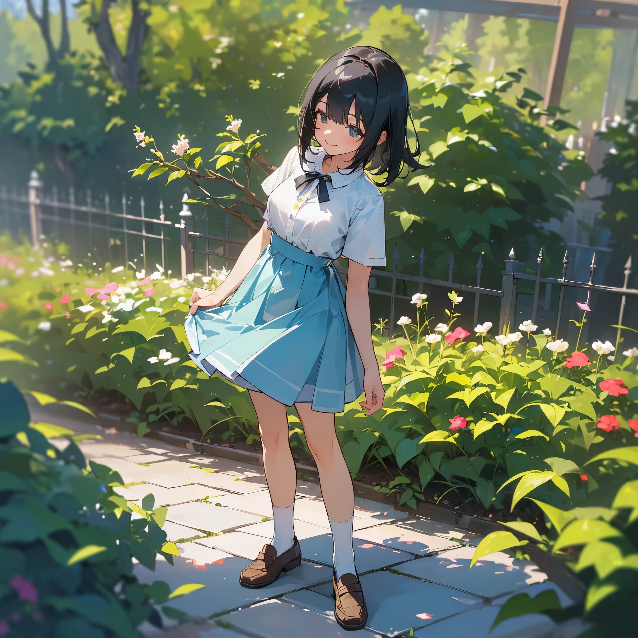 (high quality, High resolution, Very detailed, reality:1.37), Peaceful atmosphere, (Outdoor, garden), Teenage girl standing alone, (my breasts are big.), Beautiful details, Cute Smile, (Black bob hair), White short-sleeved dress, White socks, loafers.