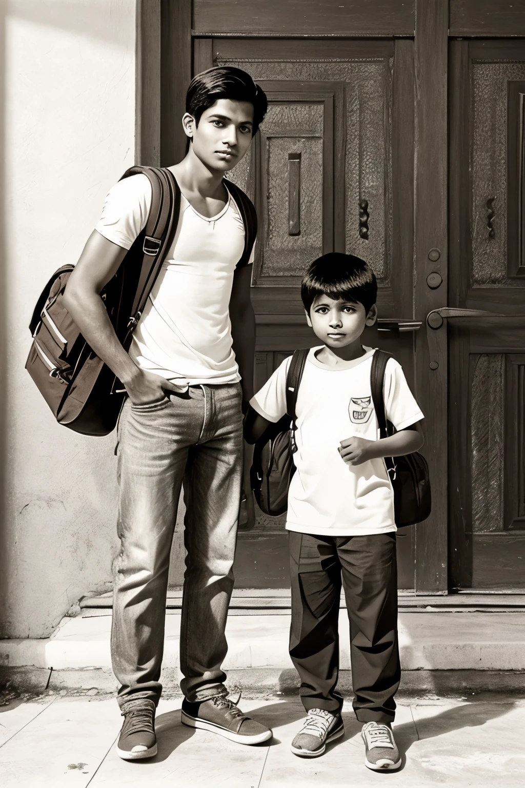 Pencil sketch of a old indian mother putting luchbox in her sons school bag and her son standing with the school bag