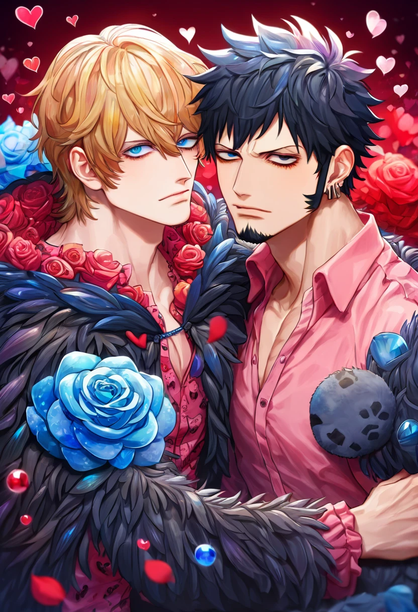 Ultra detailed, highres, absurdres, HDR, master piece, Donquixote Rosinante Corazon, blond hair, expressive blue eyes, Trafalgar Law, black hair, expressive blue eyes, black coat, pink shirt with red hearts patters, black fur cape, One Piece, fantasy, red petals, red roses, handsome, two sexy man together, gay couple, yaoi, love, magical, best quality, extremely detailed face and eyes, red sky