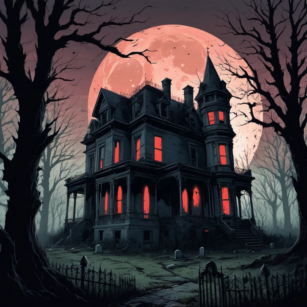 Create a spine-chilling scene in the 1970s Horror Illustration style. Imagine an abandoned Victorian mansion on a hill, silhouetted against a blood-red moonlit sky. The mansion’s windows are shattered, with eerie, flickering lights emanating from within. The overgrown garden is filled with twisted, gnarled trees and creeping vines, adding to the sense of decay and foreboding. Ghostly figures and shadowy apparitions can be seen lurking in the dark corners and behind the trees. A dilapidated graveyard lies in the foreground, with cracked tombstones and a heavy, ominous fog rolling through. The colors should be dark and moody, with high contrast between the shadows and the eerie glow from the moon and the mansion's windows. The entire scene should evoke a sense of dread and suspense, capturing the essence of classic 1970s horror illustrations with a modern twist.