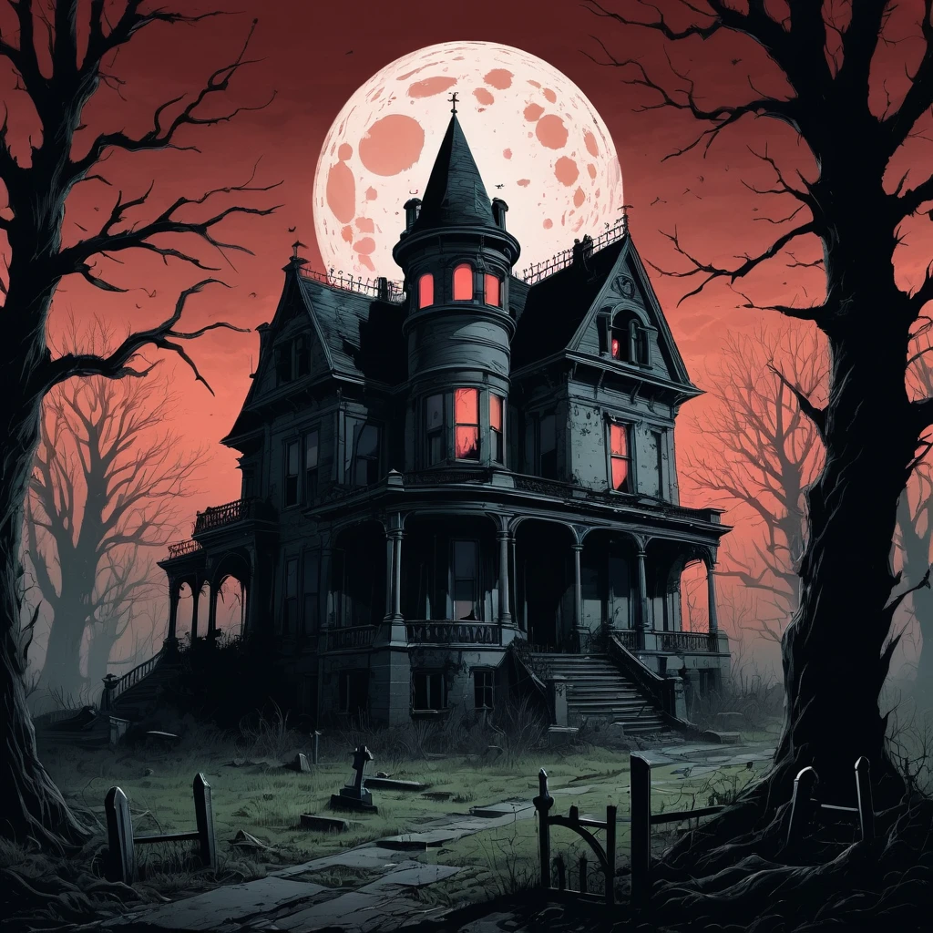 Create a spine-chilling scene in the 1970s Horror Illustration style. Imagine an abandoned Victorian mansion on a hill, silhouetted against a blood-red moonlit sky. The mansion’s windows are shattered, with eerie, flickering lights emanating from within. The overgrown garden is filled with twisted, gnarled trees and creeping vines, adding to the sense of decay and foreboding. Ghostly figures and shadowy apparitions can be seen lurking in the dark corners and behind the trees. A dilapidated graveyard lies in the foreground, with cracked tombstones and a heavy, ominous fog rolling through. The colors should be dark and moody, with high contrast between the shadows and the eerie glow from the moon and the mansion's windows. The entire scene should evoke a sense of dread and suspense, capturing the essence of classic 1970s horror illustrations with a modern twist.