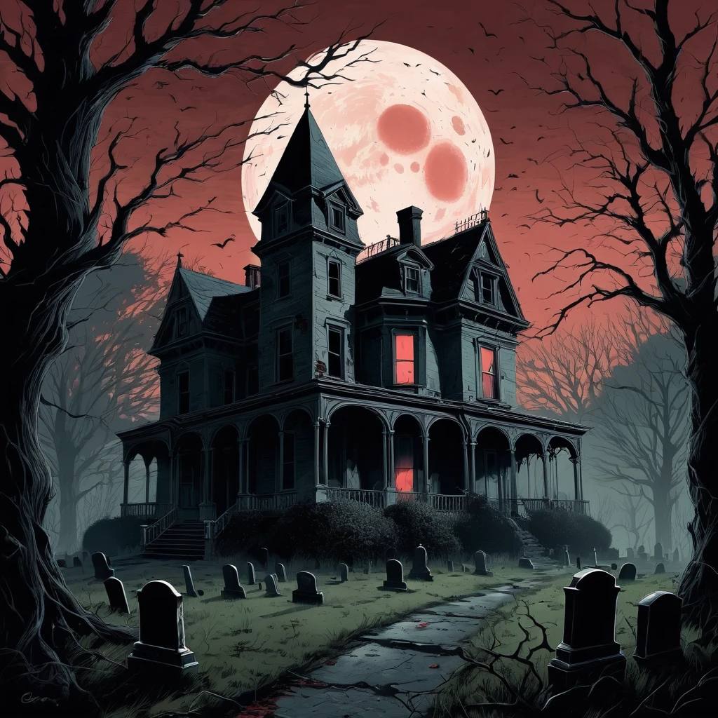 Create a spine-chilling scene in the 1970s Horror Illustration style. Imagine an abandoned Victorian mansion on a hill, silhouetted against a blood-red moonlit sky. The mansion’s windows are shattered, with eerie, flickering lights emanating from within. The overgrown garden is filled with twisted, gnarled trees and creeping vines, adding to the sense of decay and foreboding. Ghostly figures and shadowy apparitions can be seen lurking in the dark corners and behind the trees. A dilapidated graveyard lies in the foreground, with cracked tombstones and a heavy, ominous fog rolling through. The colors should be dark and moody, with high contrast between the shadows and the eerie glow from the moon and the mansion's windows. The entire scene should evoke a sense of dread and suspense, capturing the essence of classic 1970s horror illustrations with a modern twist.