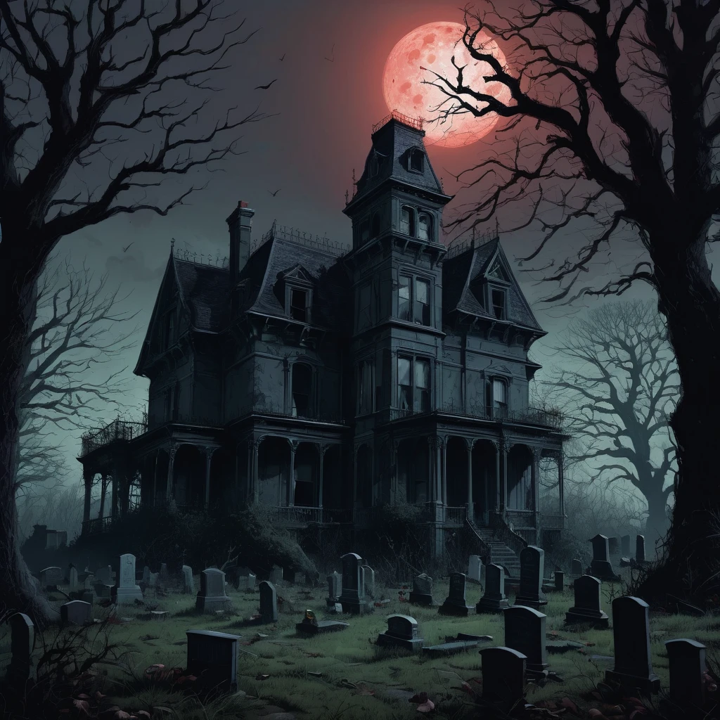Create a spine-chilling scene in the 1970s Horror Illustration style. Imagine an abandoned Victorian mansion on a hill, silhouetted against a blood-red moonlit sky. The mansion’s windows are shattered, with eerie, flickering lights emanating from within. The overgrown garden is filled with twisted, gnarled trees and creeping vines, adding to the sense of decay and foreboding. Ghostly figures and shadowy apparitions can be seen lurking in the dark corners and behind the trees. A dilapidated graveyard lies in the foreground, with cracked tombstones and a heavy, ominous fog rolling through. The colors should be dark and moody, with high contrast between the shadows and the eerie glow from the moon and the mansion's windows. The entire scene should evoke a sense of dread and suspense, capturing the essence of classic 1970s horror illustrations with a modern twist.