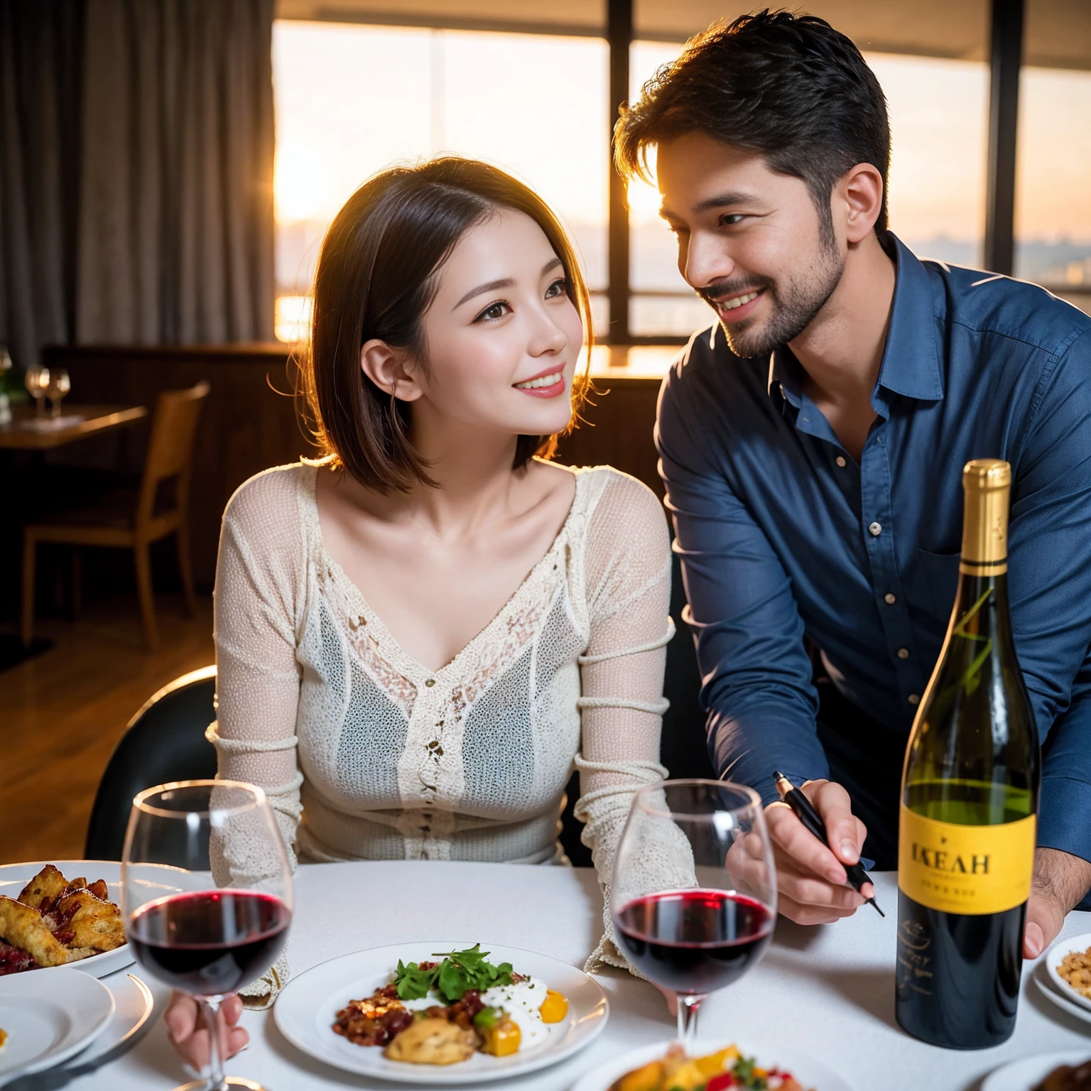 ((Highest quality、8k、masterpiece:1.3))、 (Genuineistic, Genuine、Bright image、Intricate details:1.2), Best smile 1 man 1 woman、Beautiful Couple、Lovers、Relatives and friends、actress couple、couple、Model Couple、Smile、A full-course dinner with a full table、テーブルにwine glass、 (Slim face), (The body is slim), (Brown Hair), (short hair), Please shine a light on my face、 Amazing view of the sunset sky and clouds、 (age 34), 38 years old, red wine 、Appetizers、Wine bottle、sparkling wine、Long sleeve shirt、dress、White wine, red wine, wine glass,