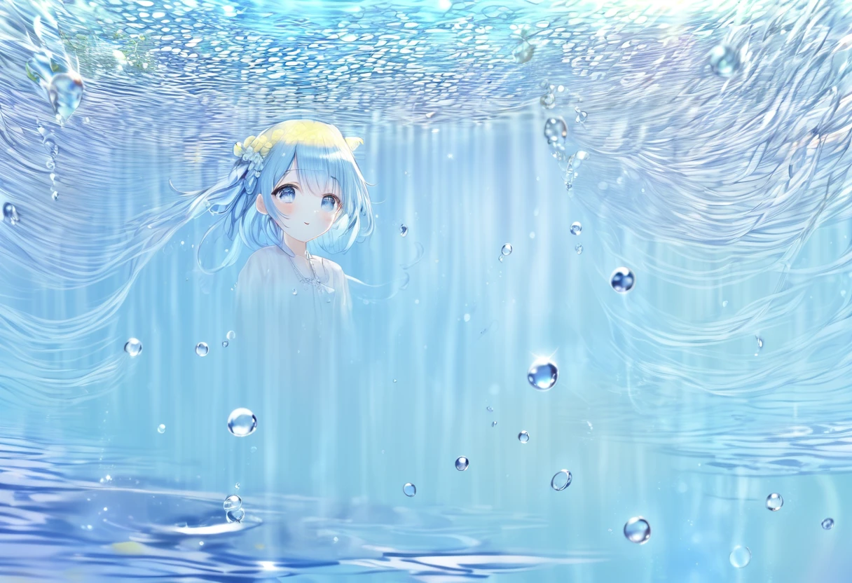 (Highest quality)), ((masterpiece)), ((Ultra-detailed)), (Very delicate and beautiful), bright sky blue hair, watery hair, Bright sapphire eyes, Fair skin, Beautiful woman, Sheer white shirt, Sheer navy blue silk shorts, Navy Blue Ribbon Tie, Pearl decoration, In the water world, Cold Background, Air bubbles, Water bubbles, In the water, Cute smile, Relaxed facial expression, Long hair with delicate waves, Blue and white flowers in hair