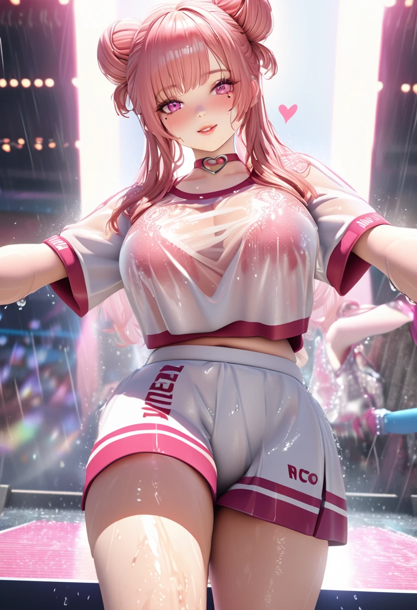 one girl, gazing at the audience, adorable, beautiful pink eyes, two brown double hair buns, mole under eye, plump glossy lips, heart shaped choker, dance team uniform, her name is Rico, smiling, . . . 3D, realistic, dance team uniform outfit was drenched in heavy rain, her chest was wet and see-through, heavy rain on outdoor stage, jewelry, embellishments removed, floral pattern, lace trim, glittering on stage, masterpiece, best quality, 8k, detailed skin texture, detailed fabric texture, beautifully detailed face, intricate details, highly detailed, ultra high resolution, 8k Ultra HD, film grain, best shadows, delicate, gazing at the audience, front