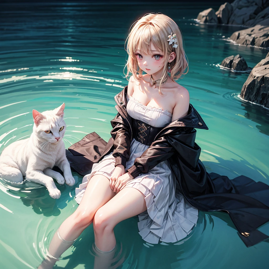 masterpiece,highest quality,1 white cat,walk on blue water,beautiful ripples,transparency,dreamlike digital painting, magical colors and atmosphere,soft movie-like light,From above,pastel tones,(Highly detailed elegant),(4k anime style)