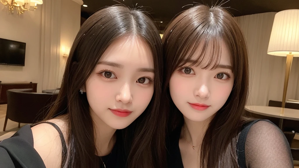 Tabletop, Highest quality, shape, Very detailed, finely, High resolution, 8k wallpaper, 完璧なダイナミックな構shape, Beautiful and detailed, Elegant and gorgeous winter dress,Straight hair,,Natural color lip,smile,20-year-old girl、cute、Looking at the camera is sexy,Always blur the background,Perfect and beautiful face,Take a picture of only the face,Beautiful and elaborate face、Slim face and figure、Big eyes、Elegant face、Beautiful and elaborate face、KPOP idol faces、Japanese idol faces、Big eyes、 A venue on the top floor of a high-rise hotel、Blur the background、Take a full body photo、Big breasts、Big Breasts、Big breasts