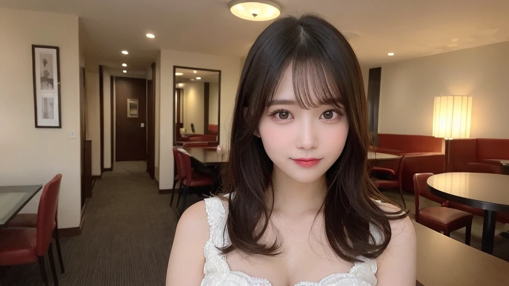 Tabletop, Highest quality, shape, Very detailed, finely, High resolution, 8k wallpaper, 完璧なダイナミックな構shape, Beautiful and detailed, Elegant and gorgeous winter dress,Straight hair,,Natural color lip,smile,20-year-old girl、cute、Looking at the camera is sexy,Always blur the background,Perfect and beautiful face,Take a picture of only the face,Beautiful and elaborate face、Slim face and figure、Big eyes、Elegant face、Beautiful and elaborate face、KPOP idol faces、Japanese idol faces、Big eyes、 A venue on the top floor of a high-rise hotel、Blur the background、Take a full body photo、Big breasts、Big Breasts、Big breasts