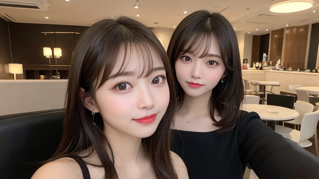 Tabletop, Highest quality, shape, Very detailed, finely, High resolution, 8k wallpaper, 完璧なダイナミックな構shape, Beautiful and detailed, Elegant and gorgeous winter dress,Straight hair,,Natural color lip,smile,20-year-old girl、cute、Looking at the camera is sexy,Always blur the background,Perfect and beautiful face,Take a picture of only the face,Beautiful and elaborate face、Slim face and figure、Big eyes、Elegant face、Beautiful and elaborate face、KPOP idol faces、Japanese idol faces、Big eyes、 A venue on the top floor of a high-rise hotel、Blur the background、Take a full body photo、Big breasts、Big Breasts、Big breasts