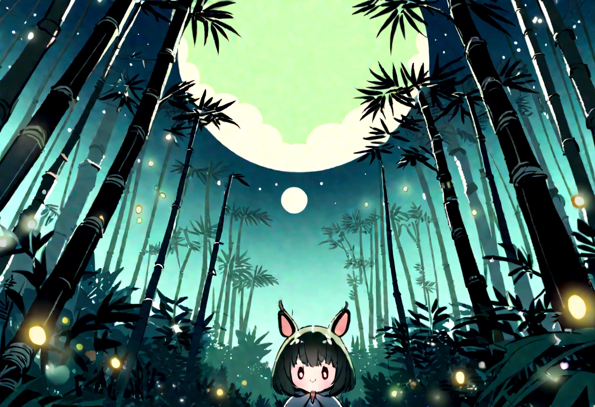 Children&#39;s illustration，quiet night, Quiet bamboo forest, Bamboo leaves falling in the wind,Cute and adorable giant panties， Full moon in the sky, Fireflies are flying，（（OC Rendering））