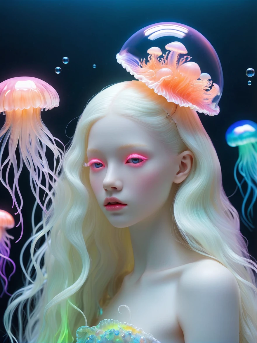 Neon, 发光的Neon玻璃制成的招牌，Transparent Materials，Gloss，Refraction Details，Albino girl，Longbearded jellyfish on the head，Long hair doll，发光Neon线制成的长裙，Renaissance，Baroque，Psychedelic，romantic，neon palette, pale color, 1nhdg1