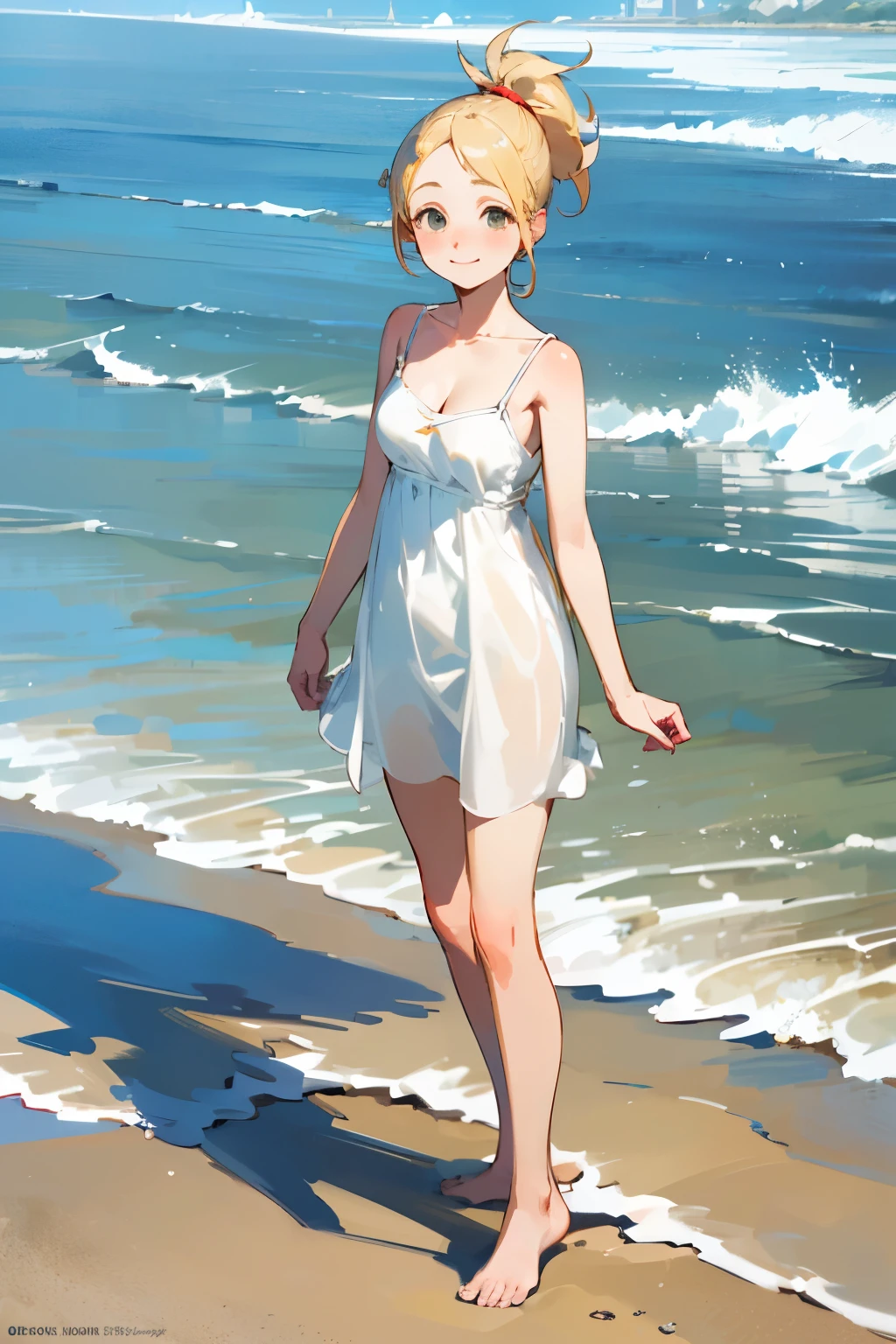 (((Brown skinned girl))), blond hair and blue eyes, naked oily brown skin, on a beach, (((((dark brown skin colour)))))