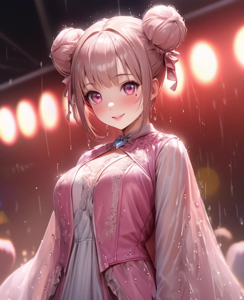 One Girl、Looking at the audience、lovely,
Beautiful pink eyes、Two brown double hair buns , Mole under the eye、Plump and glossy lips、Heart-shaped choca、Idol、Her name is May,smile、ー、。.。.。.。.。.。.。.。.。.。.。.。.。.。.。.。.。.。.3D、Realistic、
The idol's costume was soaked in the heavy rain, and her chest was wet and transparent.Heavy rain at outdoor concert, Drape clothes、gem、The decoration has been removed、Floral、Lace trim,On a glittering stage、
masterpiece、highest quality、8k、Detailed skin texture、Detailed cloth texture、Beautifully detailed face、Intricate details、Very detailed、
超A high resolution、8k Ultra HD、Film Grain、Best Shadow、delicate、Gazing at the audience、front