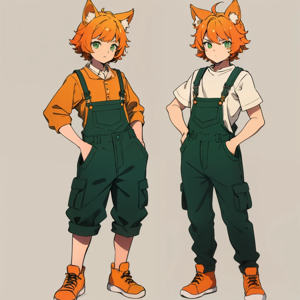 orange hair, green eyes, boy,femboy, animal ears, cute, full body, overalls