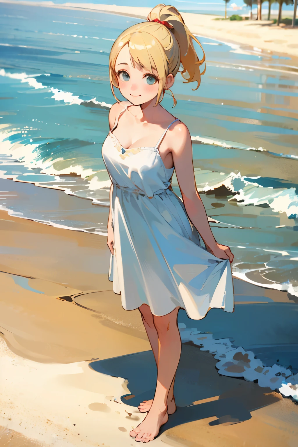 (high quality, High resolution, Very detailed, reality:1.37), Peaceful atmosphere, (Sandy Beach), Teenage girl standing alone, (my breasts are big.), Beautiful details, Cute Smile, (Blonde Ponytail), White camisole dress, barefoot.
