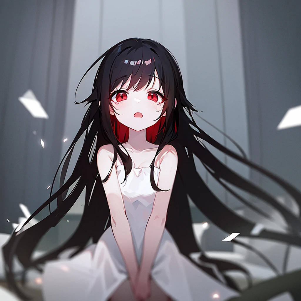 anime girl singing while sobbing, dark enviroment, white skin, black hair, red eyes