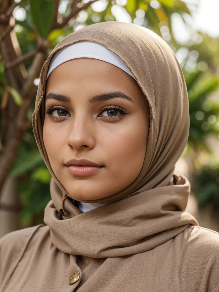 A young tanned brunette woman, de nationalité marocaine. She is a Muslim aged 26. Elle porte un hijab légitime et un long jilbab. Elle a des yeux de forme noisette et de colleurs marron foncé. Sa taille est de 158 cm et son poids est de 65 kg. Son nez est de forme button . She has a mole under her lips on the right and another above her lip on the left.