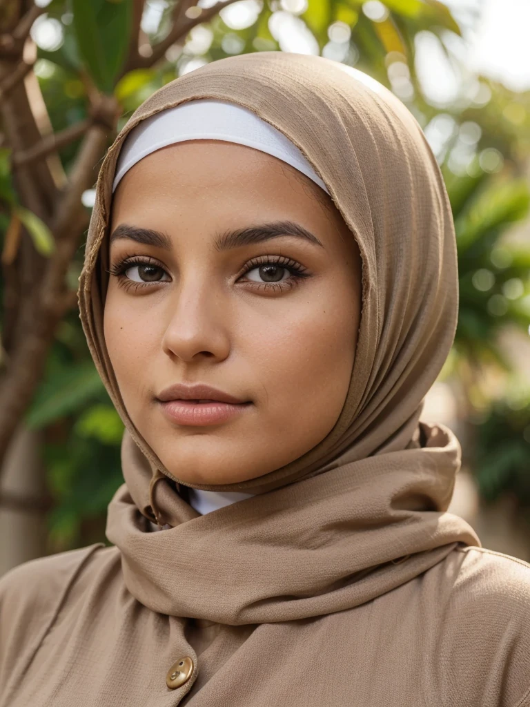 A young tanned brunette woman, de nationalité marocaine. She is a Muslim aged 26. Elle porte un hijab légitime et un long jilbab. Elle a des yeux de forme noisette et de colleurs marron foncé. Sa taille est de 158 cm et son poids est de 65 kg. Son nez est de forme button . She has a mole under her lips on the right and another above her lip on the left. 