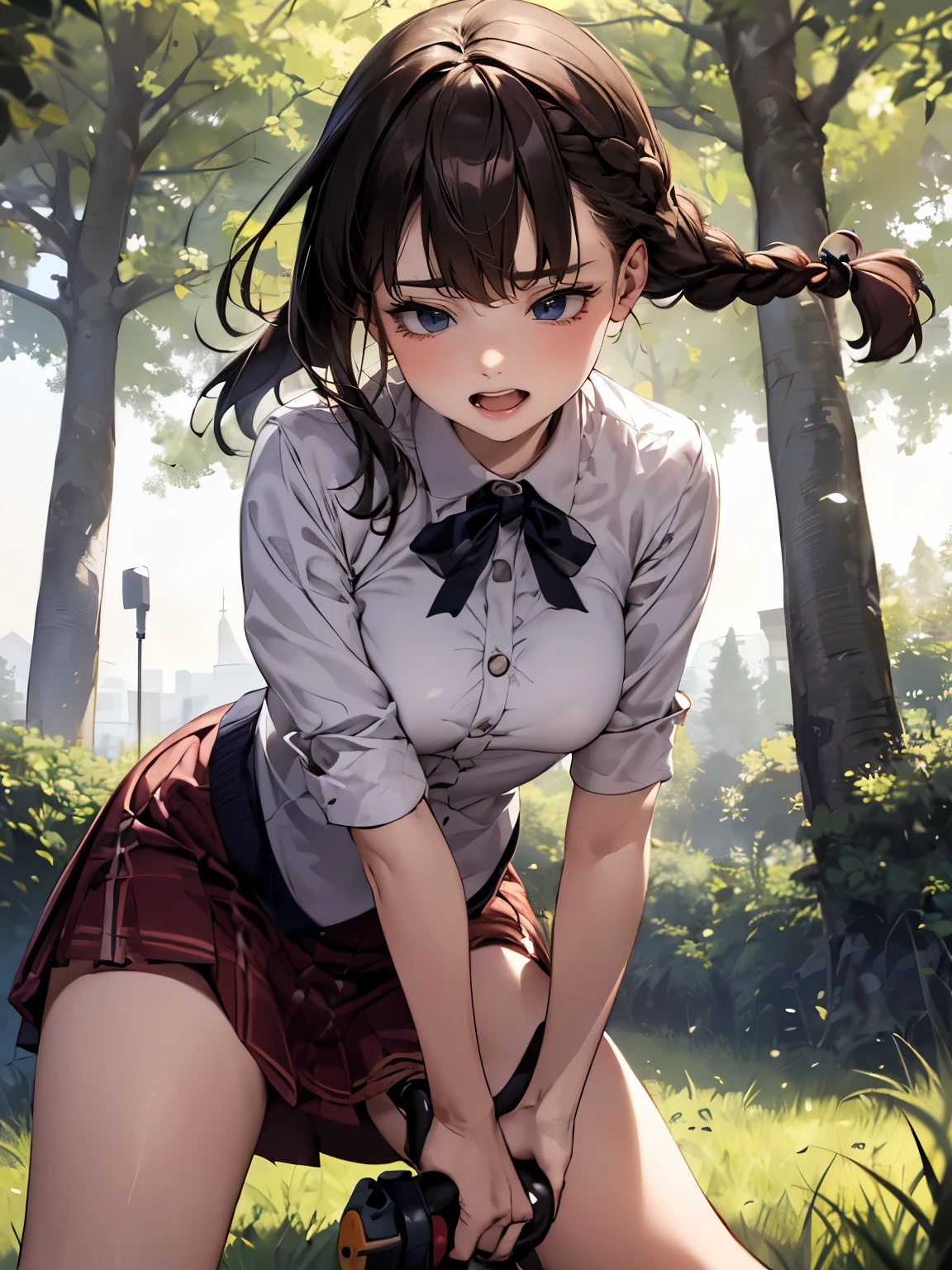 (round face), eyes with realistic sizing, drooping eyes, blush, sweat, shame, pleated skirt, ribbon, (ecstasy face, lewd girl, obsessed with playing her own genitals), (squatting and straddling to hit her crotch against a vibrating grass trimmer, masturbating with complete concentration), braid,