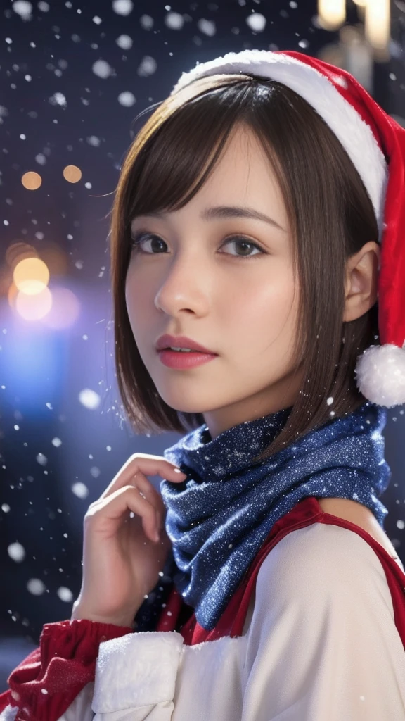 1girl, (santa claus costume slim fit:1.5), symmetry,(beautiful cute ultra young girl:2.0), (slender woman body:1.5), (ultra short hair:1.75), ultra big smile, (Beautiful large round droped detailed eyes:1.5), beautiful detailed lips, (extremely detailed beautiful face, natural makeup, Incredibly beautiful skin:1.5), (best quality,4k,8k,highres,masterpiece:1.75),(ultra-detailed,realistic,photorealistic,photo-realistic:2.0),professional,vivid colors,studio lighting,(snowing night town,christmas eve:1.25)